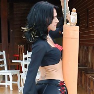 Tranny with long legs strips naked