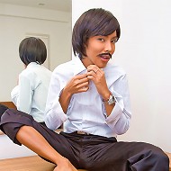 Shemale cutie taking off her male disguise